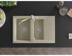 Mexen Gaspar, granitový drez 752x436x161 mm, 1,5-komorový a drezová batéria Carla, béžová, 6507-69-670700-69