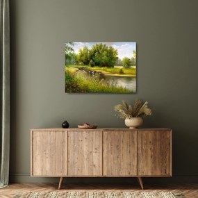 Sklenený obraz - Rieka pri lese, olejomaľba (70x50 cm)