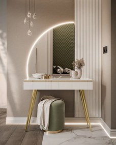 TOALETNÝ STOLÍK NESSIE BIELY LESK ĽAVÝ + ZLATÉ NOHY + ZRKADLO POLMESIAC