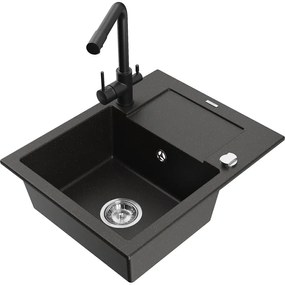 Mexen Enzo, granitový drez 576x465x174 mm, 1-komorový, čierna matná batéria Duero, čierna - zlatá metalíza, 6506-75-671600-70
