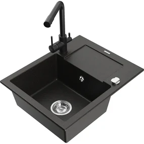 Mexen Enzo, granitový drez 576x465x174 mm, 1-komorový, čierna matná batéria Duero, čierna - zlatá metalíza, 6506-75-671600-70