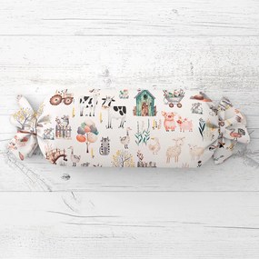 Biante Detský vankúš valec bonbon Sandra SA-563 Zvieratká na farme na bielom 15x80 cm