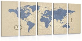 5-dielny obraz mapa sveta s kompasom v retro štýle Varianta: 100x50