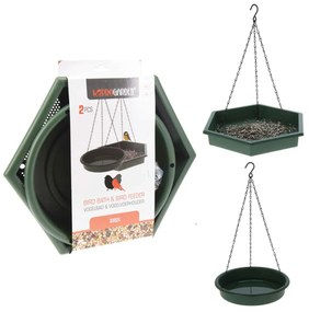 Závesné kŕmidlo + napájadlo pre vtáky Duo, 45x28 cm+43x25 cm, plast, zelená