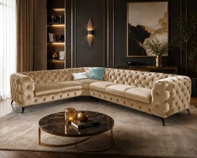 ROHOVÁ SEDAČKA CHESTERFIELD LARISSA PRAVÁ - ĽAVÁ ZLATÁ ZAMATOVÁ LÁTKA 323 X 264 cm