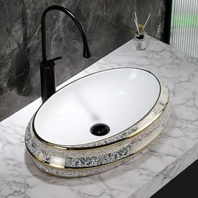 BPS-koupelny Keramické umývadlo na dosku HYD-YO-WH-MOD5-GL-600 60x40 cm, biele/zlatý dekor