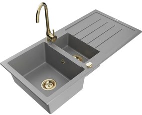 Mexen Andres, granitový drez 1000x500x200 mm, 1,5-komorový, šedá so zlatým sifónom a zlatá drezová batéria Telma, 6515-71-670200-50