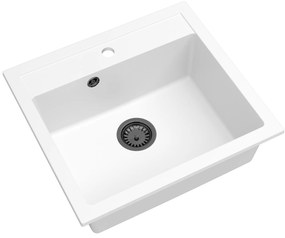 Sink Quality Ferrum, kuchynský granitový drez 565x510x205 mm + čierny sifón, biela, SKQ-FER.W.1K60.XB