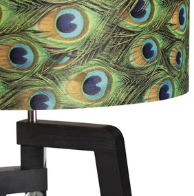 Stojaca lampa trojnožka čierna s tienidlom s motívom páva 50 cm - Puros