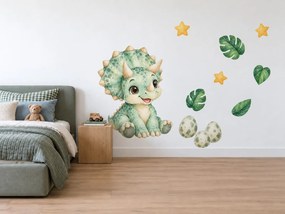 Malý triceratops s vajíčkami akvarelové nálepky na stenu pre malých chlapcov arch 34 x 46 cm
