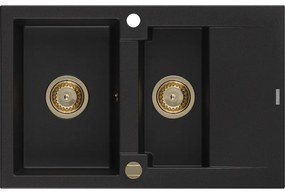 Mexen Gaspar, granitový drez 737x475x177 mm, 1,5-komorový, čierna so zlatým sifónom, 6507731505-77-G