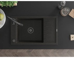 Mexen Elias, 1-komorový granitový drez 795x480x200 mm a drezová batéria Aster, čierna-zlatá metalíza, 6511-75-73450-70-B