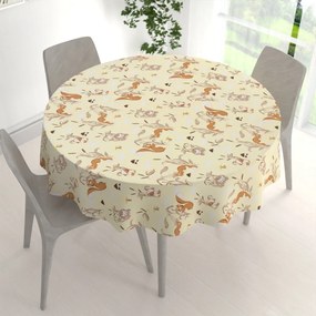 Biante Detský bavlnený okrúhly obrus Sandra SA-700 Veveričky a ježkovia na svetlo vanilkovom Ø 100 cm