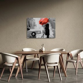 Sklenený obraz - Zamilovaný pár pod dáždnikom, červený (70x50 cm)