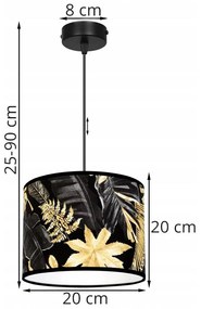 Závesné svietidlo Gold Flowers, 1x čierne textilné tienidlo s kvetinovým vzorom