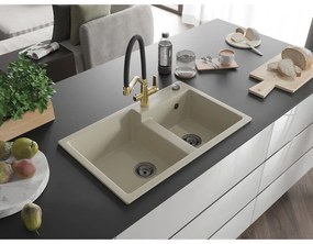 Mexen Tomas, 2-komorový granitový drez 800x500x190 mm  a kuchynská batéria Duo, béžová, 6516-69-671701-57-B