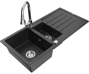 Mexen Andres, 1,5-komorový granitový drez 1000x500x200 mm a drezová batéria Elia, čierna-strieborná metalíza, 6515-73-670101-00