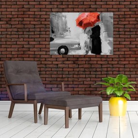 Obraz - Zamilovaný pár pod dáždnikom, červený (90x60 cm)