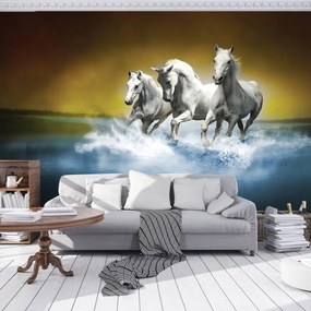 Fototapeta - Biely kôň tryskom na vode (254x184 cm)