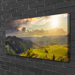Obraz Canvas Hory lúka západ slnka 140x70 cm