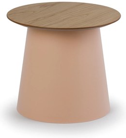 Plastový kávový stolík SETA s drevenou doskou, priemer 49 cm, dub/tehlová