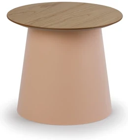 Plastový kávový stolík SETA s drevenou doskou, priemer 49 cm, dub/tehlová