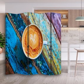 Ozdobný paraván Šálky na kávu Retro Wood - 180x170 cm, päťdielny, klasický paraván