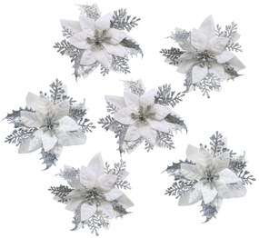 Vianočná dekorácia Poinsettia so štipcom strieborná, sada 6 ks