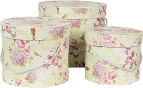 3ks zelený okrúhly box s ružovými kvetmi - Ø 23*20 / Ø 20*17 / Ø 17*14 cm