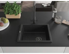 Mexen Pedro, granitový drez 560x460x200 mm, 1-komorový, čierna-strieborná metalíza s čiernym sifónom, 6508561000-73-B