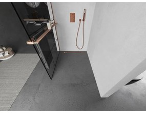 Mexen Kioto+, sprchová zástena Walk-In s poličkou a vešiakom 110 x 200 cm, 8mm číre sklo čierny vzor, medený matný profil, 800-110-121-65-77