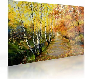 Sklenený obraz - Romantická alej pozdĺž vody, olejomaľba (70x50 cm)