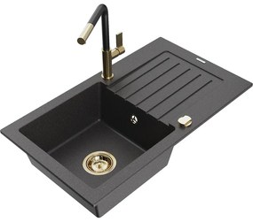 Mexen Pablo, 1-komorový granitový drez 752x436x161 mm a drezová batéria Flora, čierna škvrnitá, 6510-76-670401-57-G