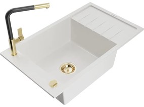 Mexen Elias, 1-komorový granitový drez 795x480x200 mm a drezová batéria Flora, biela, 6511-20-670401-57-G