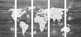 5-dielny obraz čiernobiela mapa na dreve - 200x100