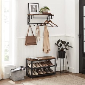 Nástenný vešiak na kabáty, s 5 háčikmi, 66 x 30 x 27 cm, rustikálny hnedý