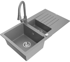 Mexen Matias, 1,5-komorový granitový drez 900x505x200 mm a drezová batéria Elia, šedá, 6502-71-670101-71