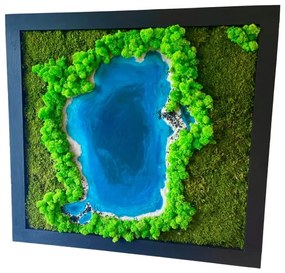 Machový obraz s epoxidovou živicou - jazero - plochý a sobí mach - drevený čierny rám