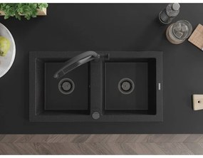 Mexen Mario, granitový drez 820x436x161 mm, 2-komorový a drezová batéria Duo, čierna-strieborná metalíza, 6504-73-671701-70-B