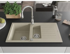 Mexen Matias, 1,5-komorový granitový drez 900x505x200 mm a drezová batéria Savita, béžová, 6502-69-672601-00
