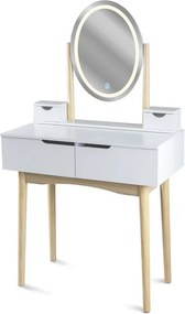 Toaletný stolík GLAM s LED zrkadlom biely / naturálny, béžová taburetka