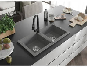 Mexen Mario, 2-komorový granitový drez 820x436x161 mm a drezová batéria Elia, šedá, 6504-71-670101-70