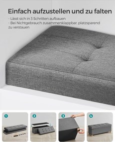 Taburetka s úložným priestorom, Skladacia lavica s nohami, 38 x 110 x 40 cm, sivá