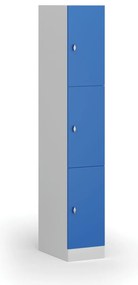 Šatníková skrinka S1 s úložnými boxmi, 3 boxy, 1850 x 300 x 500 mm, demont, otočný zámok, modré dvere