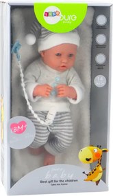 LEAN Toys Bábika Bobas v bielo-sivom pruhovanom oblečení, s čiapočkou, cumlíkom a dekou