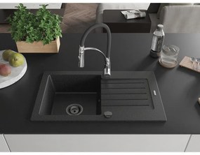 Mexen Pablo, 1-komorový granitový drez 752x436x161 mm a drezová batéria Aster, čierna-strieborná metalíza, 6510-73-73450-07-B