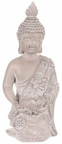 Dekorácia soška Budha kľačiaci, sivá, polyresin, 25 x 24 x 57 cm