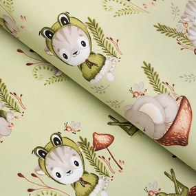 Biante Detský bavlnený behúň na stôl Sandra SA-474 Žabky a zvieratká medzi hubami na zelenom 35x160 cm