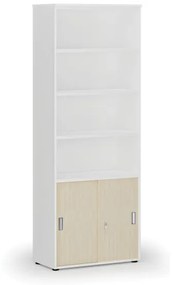 Kombinovaná kancelárska skriňa PRIMO WHITE, zasúvacie dvere na 2 poschodia, 2128 x 800 x 420 mm, biela/breza
