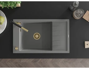 Mexen Elias, 1-komorový granitový drez 795x480x200 mm a drezová batéria Flora, šedá, 6511-71-670401-57-G
